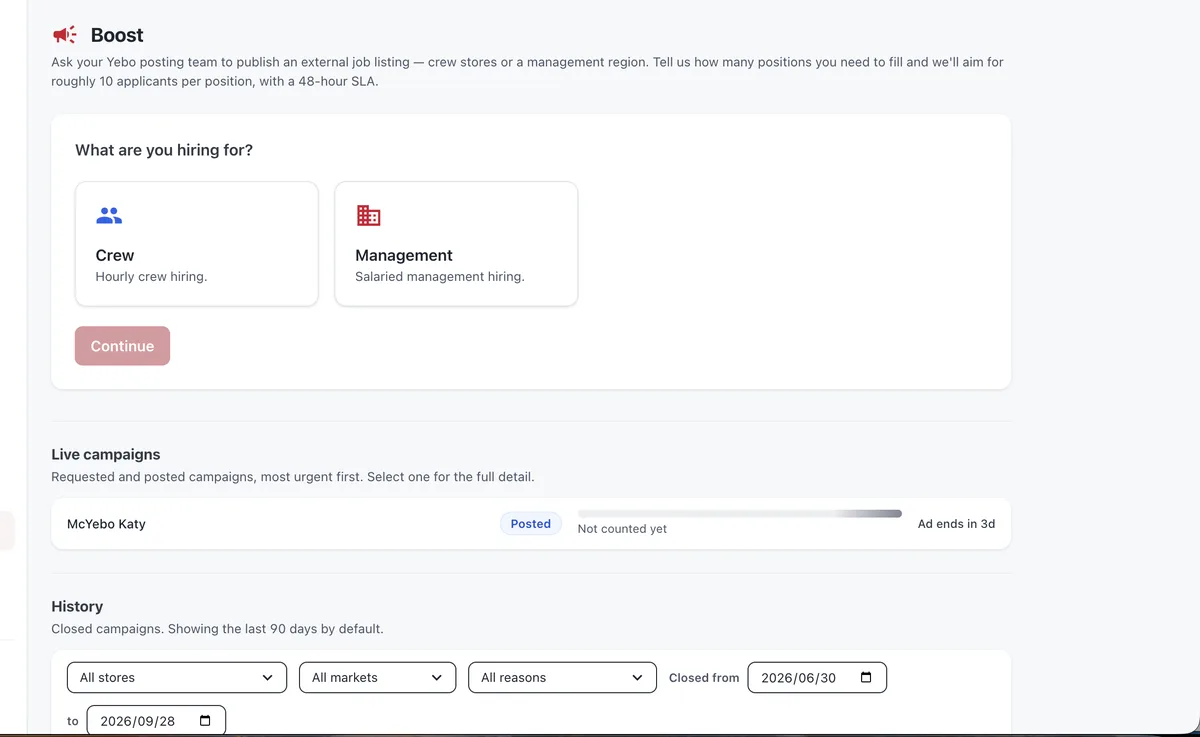The Boost screen: a request for a store and position, with an applicant target and the request's current status.