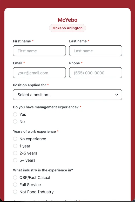The application form on a phone, branded to the restaurant group, asking for name, contact details and availability.